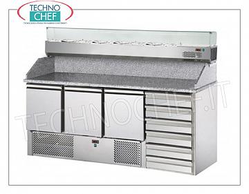 Mostrador de Pizza Refrigerado 3 Puertas, Top de Granito, 6 Gavetas y Vitrina de Ingredientes GN 1/4 o 1/3 MESA PIZZA REFRIGERADA, de 3 PUERTAS, CAJÓN de 6 CAJONES, temp.+4°/+10°C, ventilada ECOLÓGICA, tapa de GRANITO y VITRINA REFRIGERADA GN 1/4, V.230/1, Kw.0,3, peso 350 Kg, dim.mm.1900x700x1525h