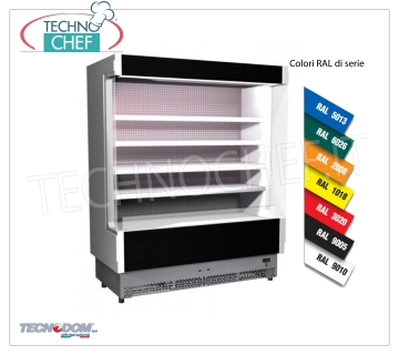 Expositor frigorífico de pared línea VULCANO, 60 cm de fondo, 1955 mm de largo, con y sin grupo frigorífico REFRIGERADOR DE PARED, marca TECNODOM, línea VULCANO 60, con 4 estantes regulables, ILUMINACIÓN neón superior, temperatura +3°/+5°C, preparado para UNIDAD REFRIGERANTE REMOTA, V.230/1, Kw.0,129, Peso 255 Kg , dim.mm.1955x602x1970h