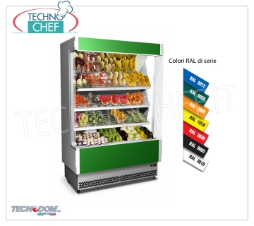 Frigorífico Murale Display rack, Línea VULCANO 80, LARGO 1080 mm, con y sin unidad de refrigeración EXPOSITOR DE PARED FRIGOR, marca TECNODOM, línea VULCANO 80, con 3 estantes inclinados, ILUMINACIÓN superior neón, temperatura + 6 ° / + 8 ° C, preparado para UNIDAD REMOTA REFRIGERANTE, V.230 / 1, Kw.0,084, Peso 180 Kg, dim.mm.1080x764x2040h