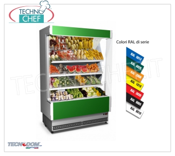 Expositor Frigor Murale, línea VULCANO 80, LUNGO 1330 mm, con y sin unidad de refrigeración EXPOSITOR DE PARED FRIGOR, marca TECNODOM, línea VULCANO 80, con 3 estantes inclinados, ILUMINACIÓN superior al neón, temperatura + 6 ° / + 8 ° C, predispuesto para UNIDAD REFRIGERANTE REMOTA, V.230 / 1, Kw.0,084, Peso 210 Kg, dim.mm.1330x764x2040h