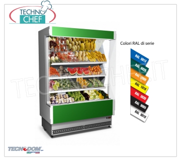 Expositor Frigor Murale, Línea VULCANO 80, LARGO 1480 mm, con y sin unidad de refrigeración EXPOSITOR DE PARED FRIGOR, marca TECNODOM, línea VULCANO 80, con 3 estantes inclinados, ILUMINACIÓN superior neón, temperatura + 6 ° / + 8 ° C, preparado para UNIDAD REMOTA REFRIGERANTE, V.230 / 1, Kw.0,084, Peso 225 Kg, dim.mm.1480x764x2040h