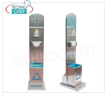 Technochef - Porta dispensador de gel desinfectante para manos, guantes y cesta Soporte dispensador de suelo para gel desinfectante para manos, fabricado en acero inoxidable 430, completo con guantera y cesta, dim.mm.400x550x1700h