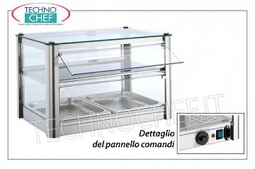 Vitrinas de contador caliente PANTALLA CALIENTE PANTALLA banco, 2 ALMACENES, ESTRUCTURA DE ACERO INOXIDABLE, vidrio en 4 lados, lado del operador de las puertas laterales abatibles de plexiglás, completo con HUMIDIFICADOR, temperatura de + 30 ° a + 90 ° C, adecuado para GN1 / 1 .230 / 1, Kw.0,5, dim.mm.570X370X390h