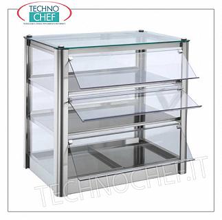 Displays contador neutral Escaparate de la exposición banco NEUTRAL, de 3 plantas, ACERO estructura de acero, de vidrio sobre los 4 lados, puerta caiga lado del operador plexiglás, adecuado para Gastro-Norm 1/1, Kg.17 Peso, dim.mm.570x370x540h