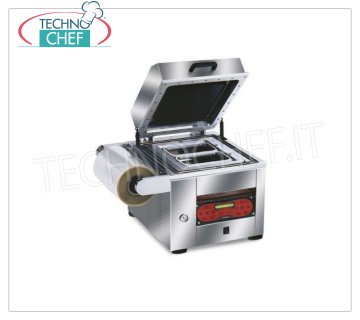 EUROMATIC - Technochef, Selladoras de bandejas de vacío / gas semiautomáticas para bandejas, Mod.TRAY 600 Sellador térmico de vacío / gas, para BANDEJAS PREFORMADAS, BANCO AUTOMÁTICO con CONTROLES DIGITALES, para CONTENEDORES MÁXIMAS MEDIDAS de 265x325 mm, V 230/1, Kw 1,8, Peso 120 Kg, dimensiones externas mm 610x600x560h