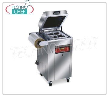 EUROMATIC - Technochef, Selladoras de bandejas de vacío / gas semiautomáticas para bandejas, Mod.TRAY 800 Sellador térmico de vacío / gas, para BANDEJAS PREFORMADAS, AUTOMÁTICO sobre MUEBLES CON RUEDAS, controles digitales, para CONTENEDORES MÁXIMAS DE 265x325 mm, V 230/1, Kw 1.8, Peso 180 Kg, dimensiones externas mm 610x600x1100h