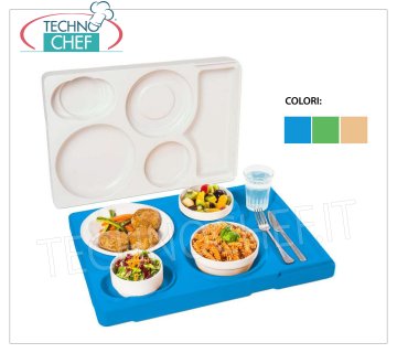 Bandeja isotérmica para vajilla en melamina, temperatura diferenciada Bandeja isotérmica para el transporte de una sola comida a temperaturas diferenciadas, 4 compartimentos para alojar platos en melanina, color azul, peso 3 Kg, dim.mm.530x370x105h