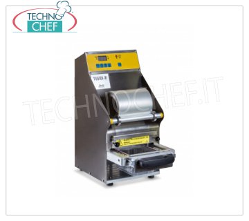 TECHNOCHEF - Termoselladora semiautomática para bandejas, Mod.TSS101-R TERMOSELLADORA SEMIAUTOMÁTICA SIN MOLDE, para BANDEJAS PREFORMADAS de TAMAÑO MÁXIMO de mm 205x150x100h, V.230/1, kw 0,55, dimensiones mm 240x390x500h