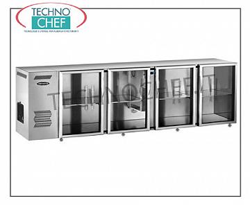 Barra de bar Refrigerada con 4 puertas de vidrio, Ventilada, Temp.+2°+8°, en Acero Inoxidable, 240 cm de largo