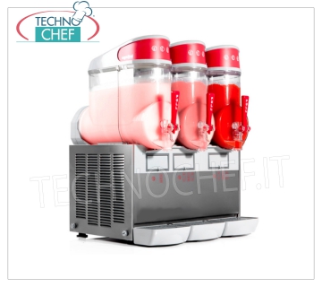 Granizadora, heladera y cremas frías con 3 cubas 10 lt, Mod.MT3 Máquina de sorbete / granizado con 3 cubas de 10 litros en policarbonato irrompible atóxico, cuerpo de acero inoxidable, condensador refrigerado por aire, V.230 / 1, Kw.1,3, Peso 49 Kg, dim.mm.540x470x690h