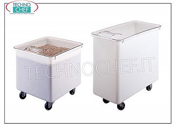 Tolvas con ruedas para harina y azúcar TOLVA EN POLIETILENO BLANCO SOBRE CARRO, capacidad 121 litros, ESQUINAS REDONDEADAS, completa con TAPA DESLIZANTE DE POLICARBONATO TRANSPARENTE, dimensiones 560x610x585h mm